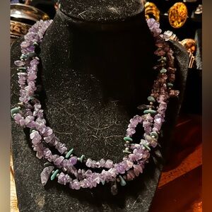 Multi-Strand Amethyst Chip Necklace with Turquoise Accents - Purple